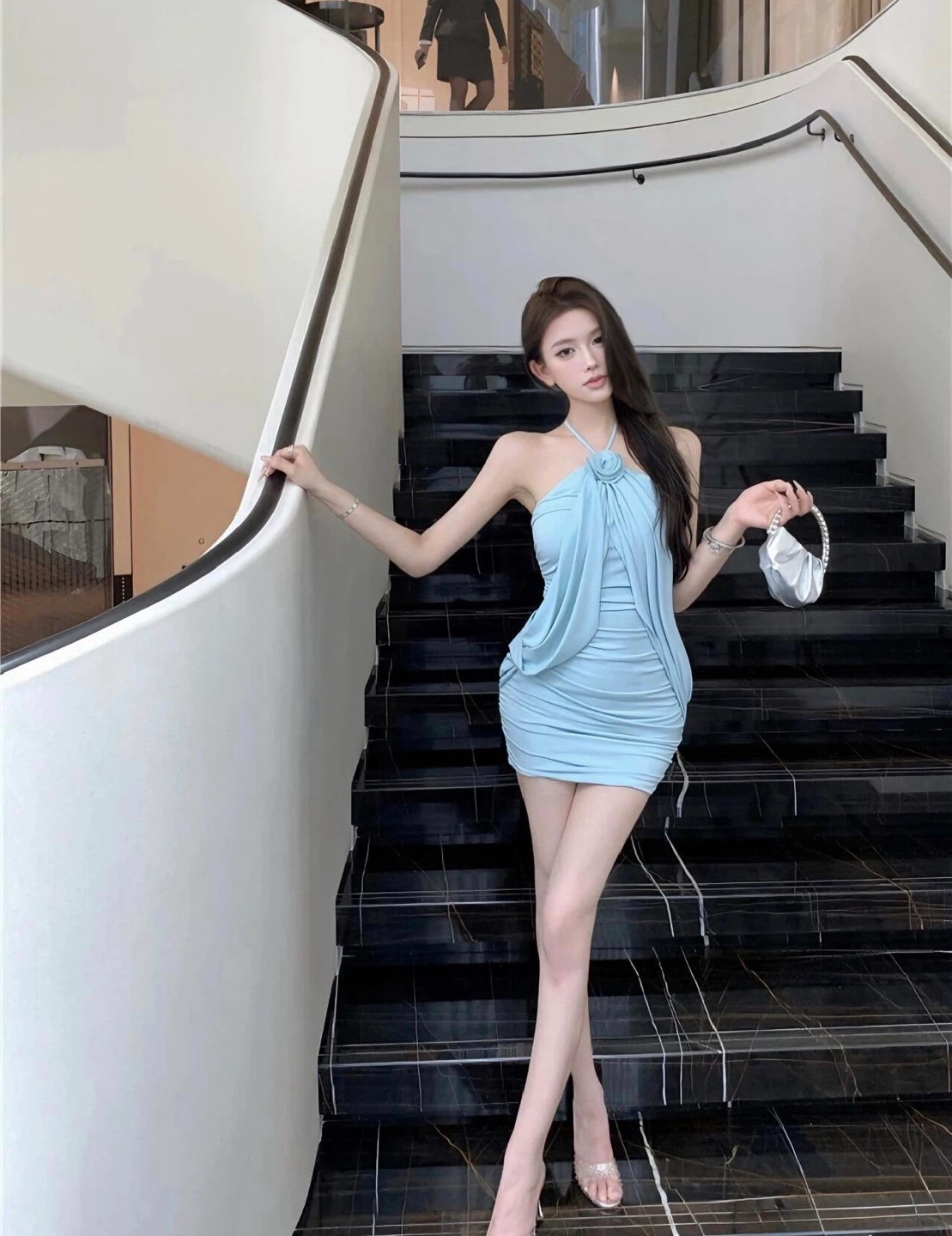 Women's Ruched Halter Dress - Light Blue