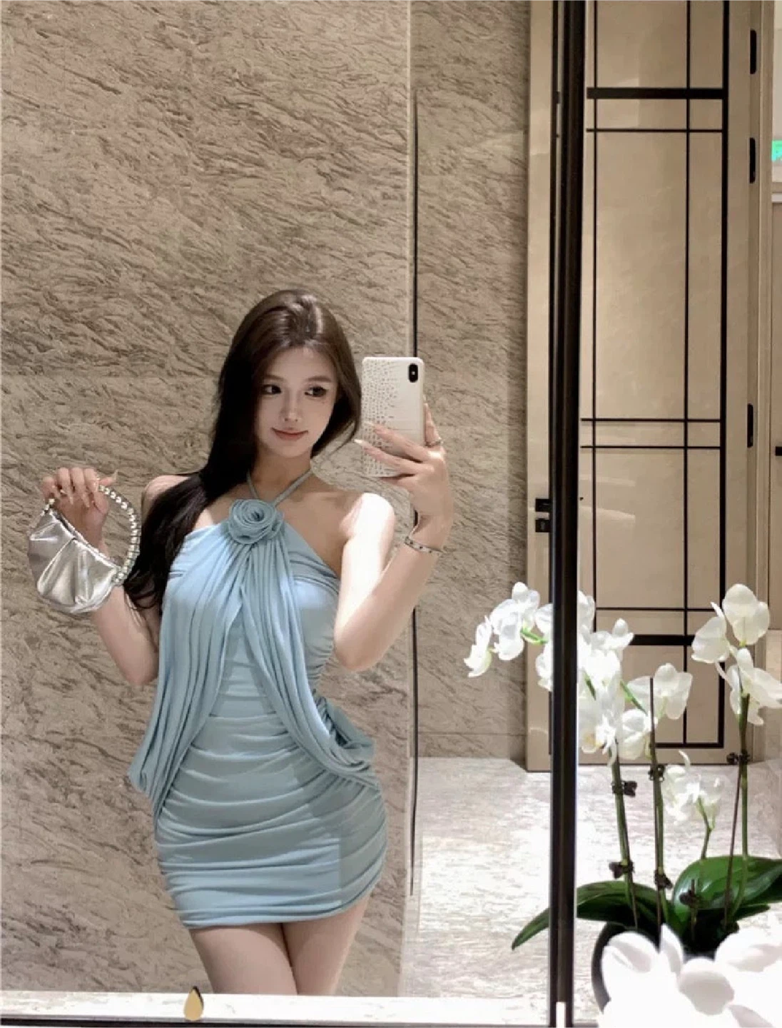 Women's Ruched Halter Dress - Light Blue - photo 3