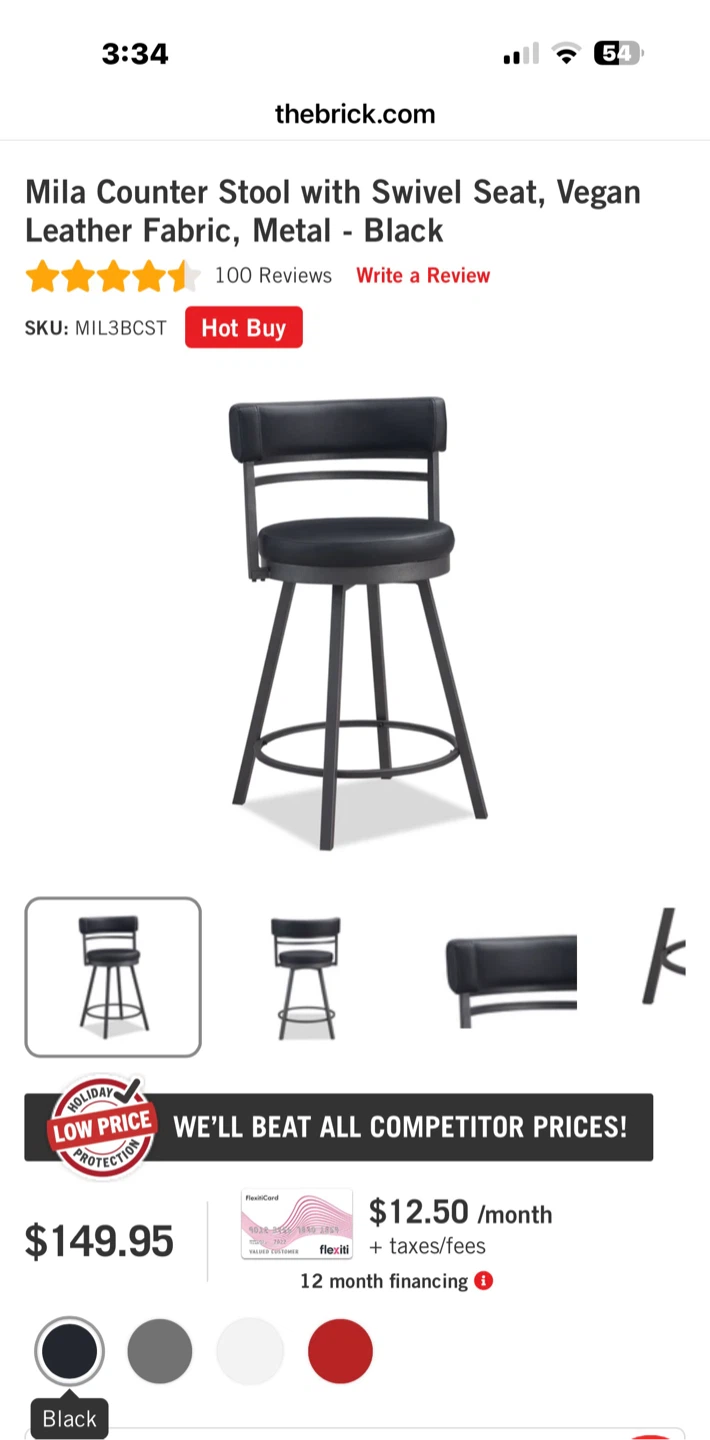 Mila Counter Stool with Swivel Seat - Black