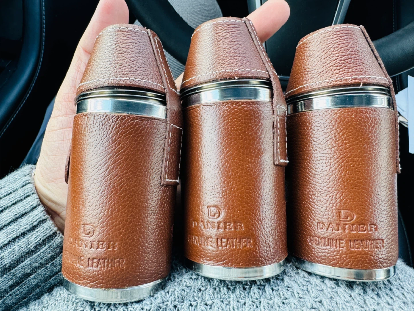 Set of 3 Danier Stainless Steel Flasks with Genuine Leather