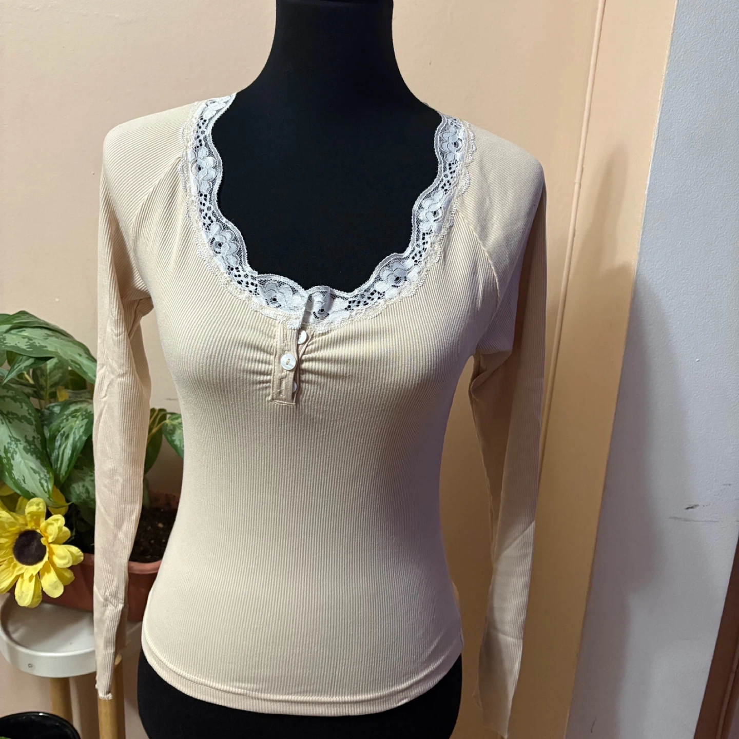 Women's Ribbed Lace Trim Long Sleeve Top - Beige, Size M