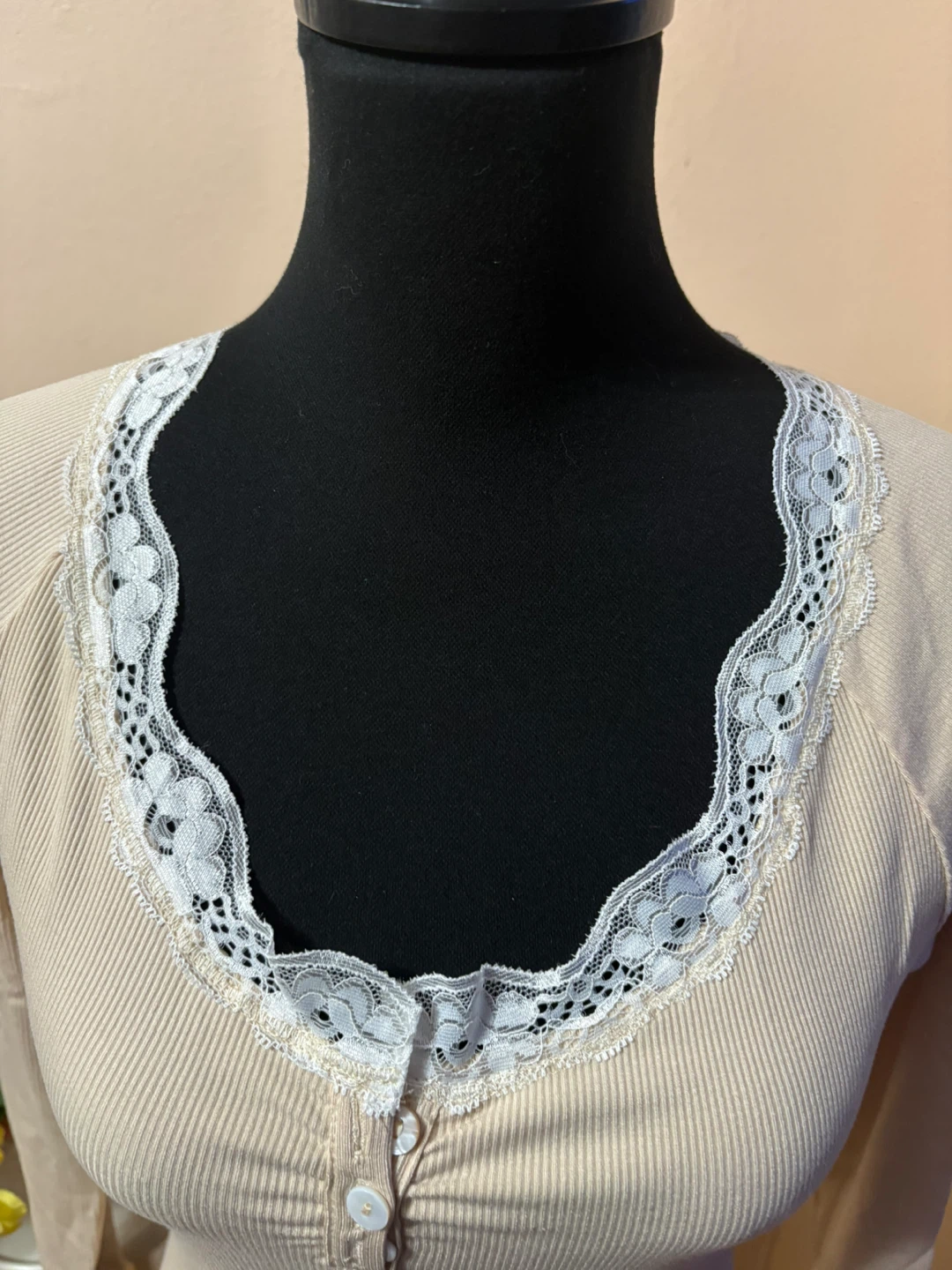 Women's Ribbed Lace Trim Long Sleeve Top - Beige, Size M - photo 2