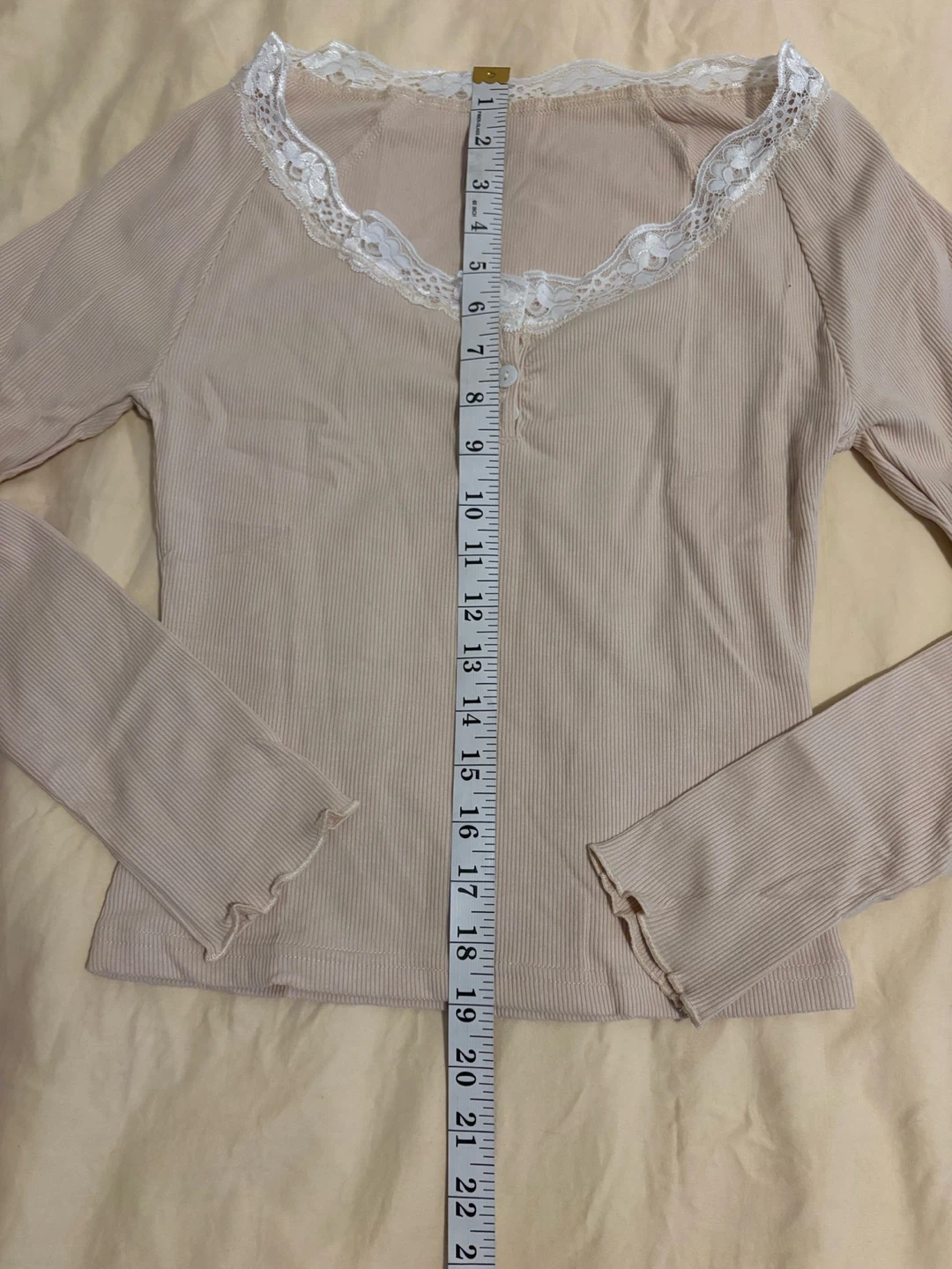 Women's Ribbed Lace Trim Long Sleeve Top - Beige, Size M - photo 5