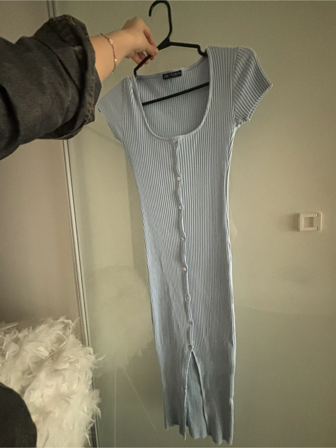Light Blue Ribbed Button-Front long Dress