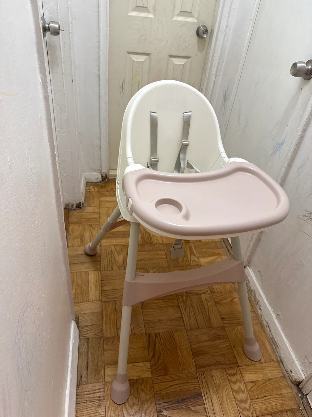 White and Pink Baby High Chair with Tray
