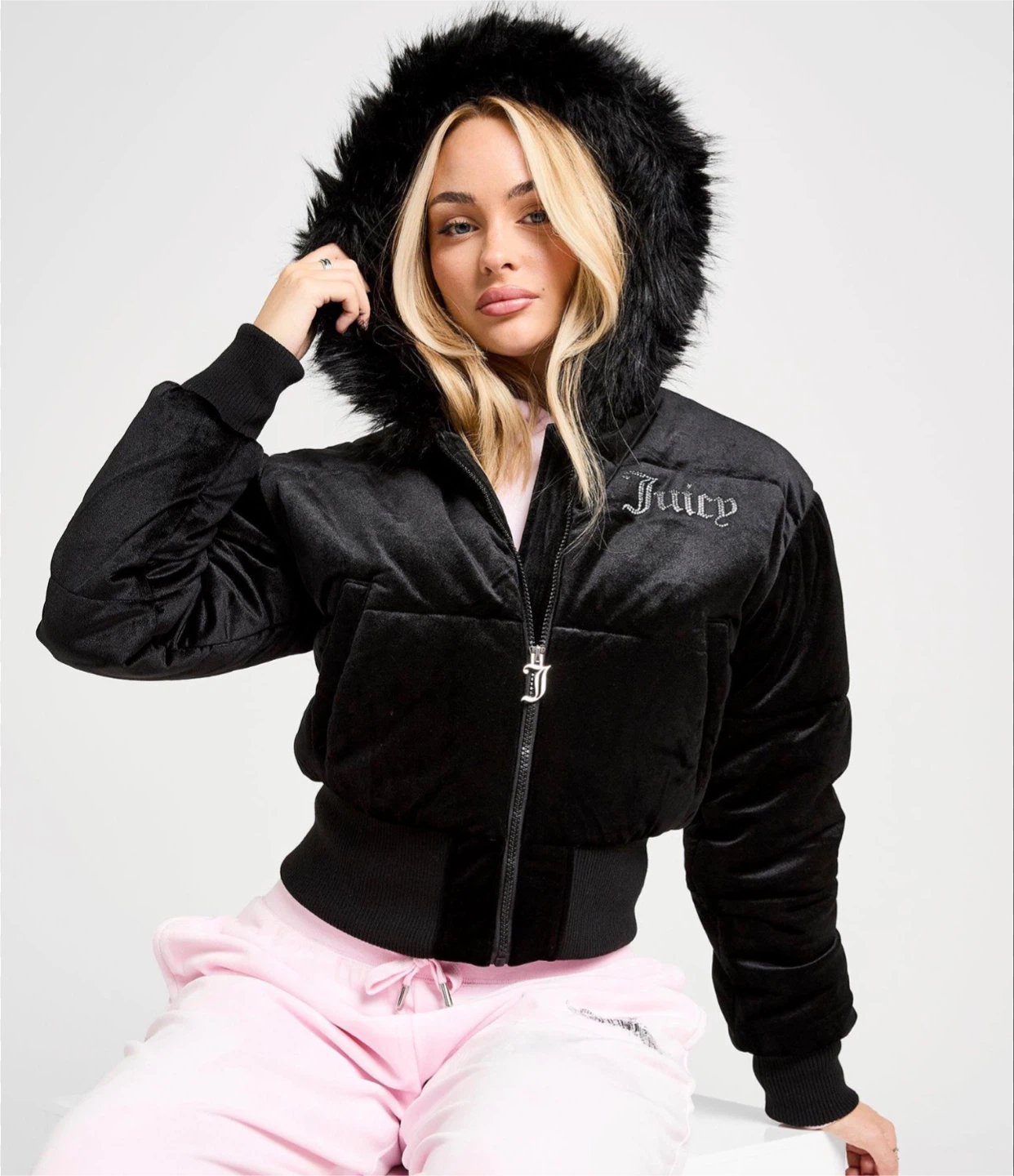 Juicy Couture Black Velvet Puffer Jacket with Fur Hood