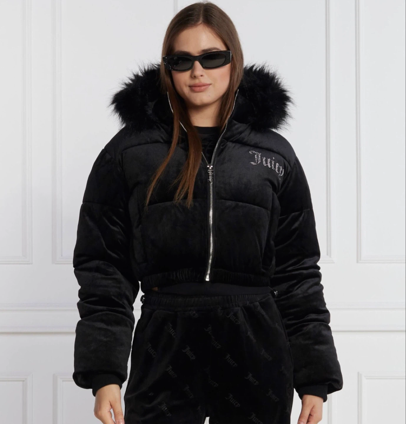 Juicy Couture Black Velvet Puffer Jacket with Fur Hood - photo 3