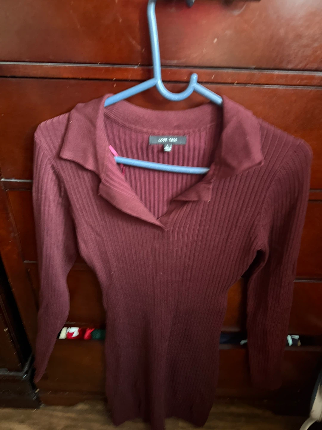 Love Tree Burgundy Ribbed Collared Long Sleeve Dress