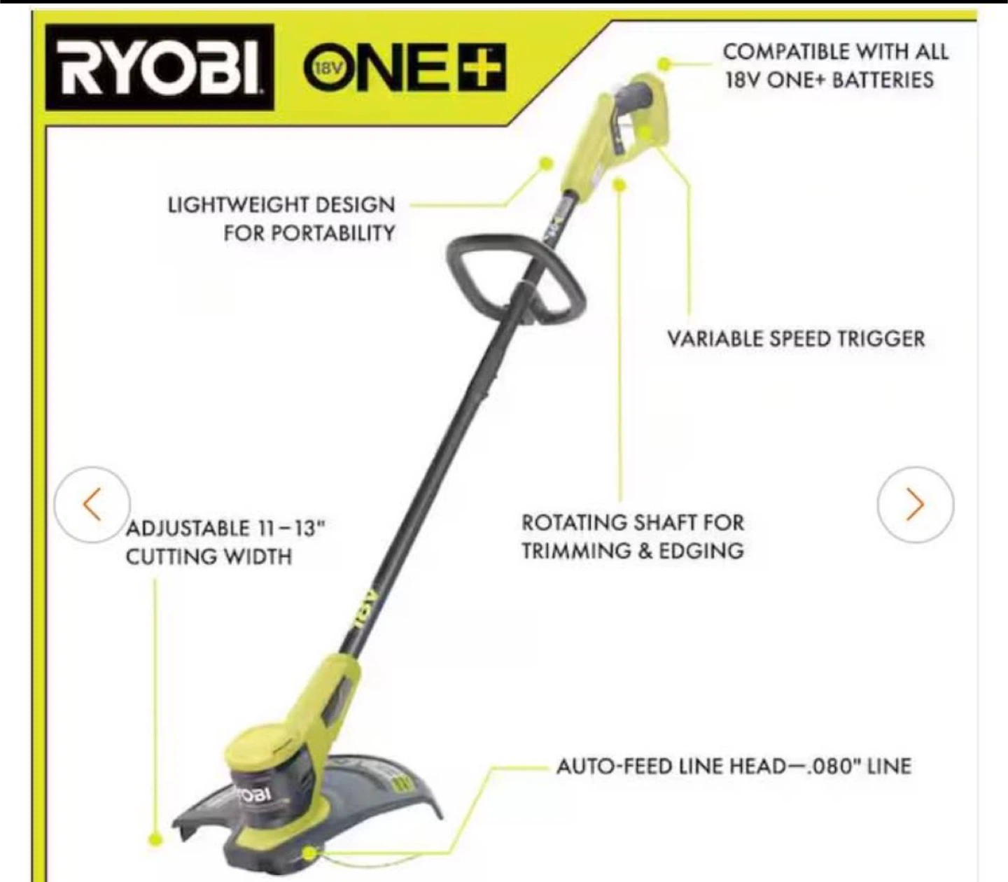 NIB RYOBI ONE+ 18V 13 in. Cordless Battery String Trimmer