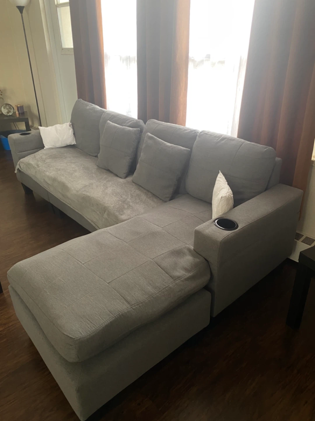 Grey Sectional Sofa with Cup Holders