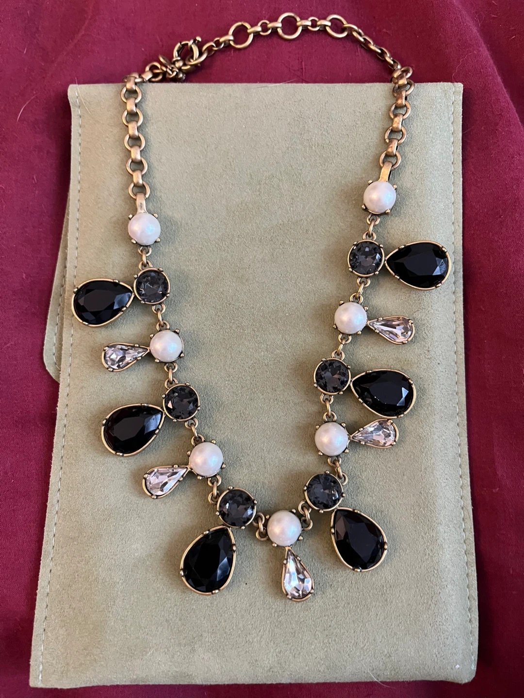 Gold Tone Statement Necklace with Black and Crystal Gems