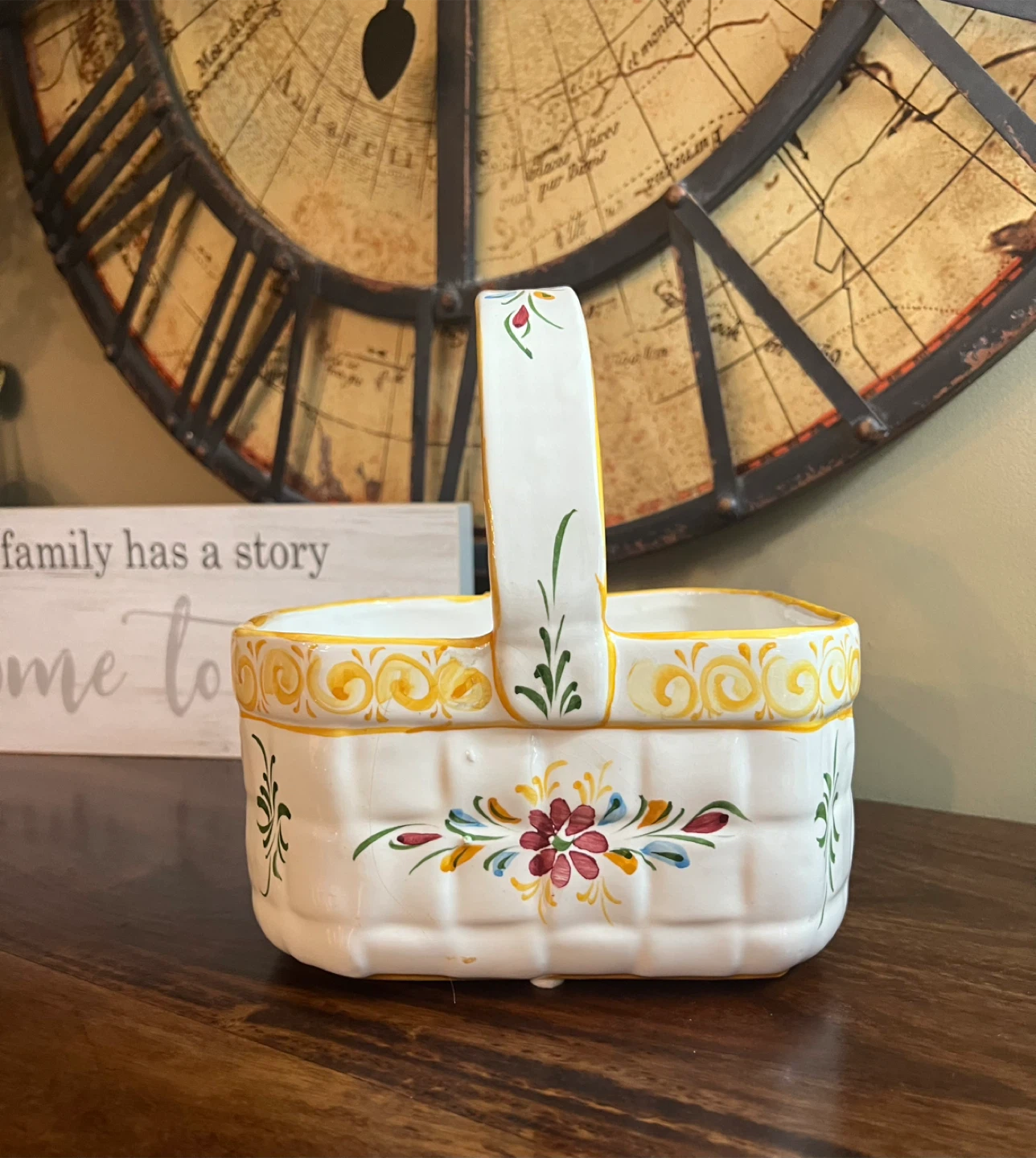 Vintage Portugal Hand Painted Ceramic Basket
