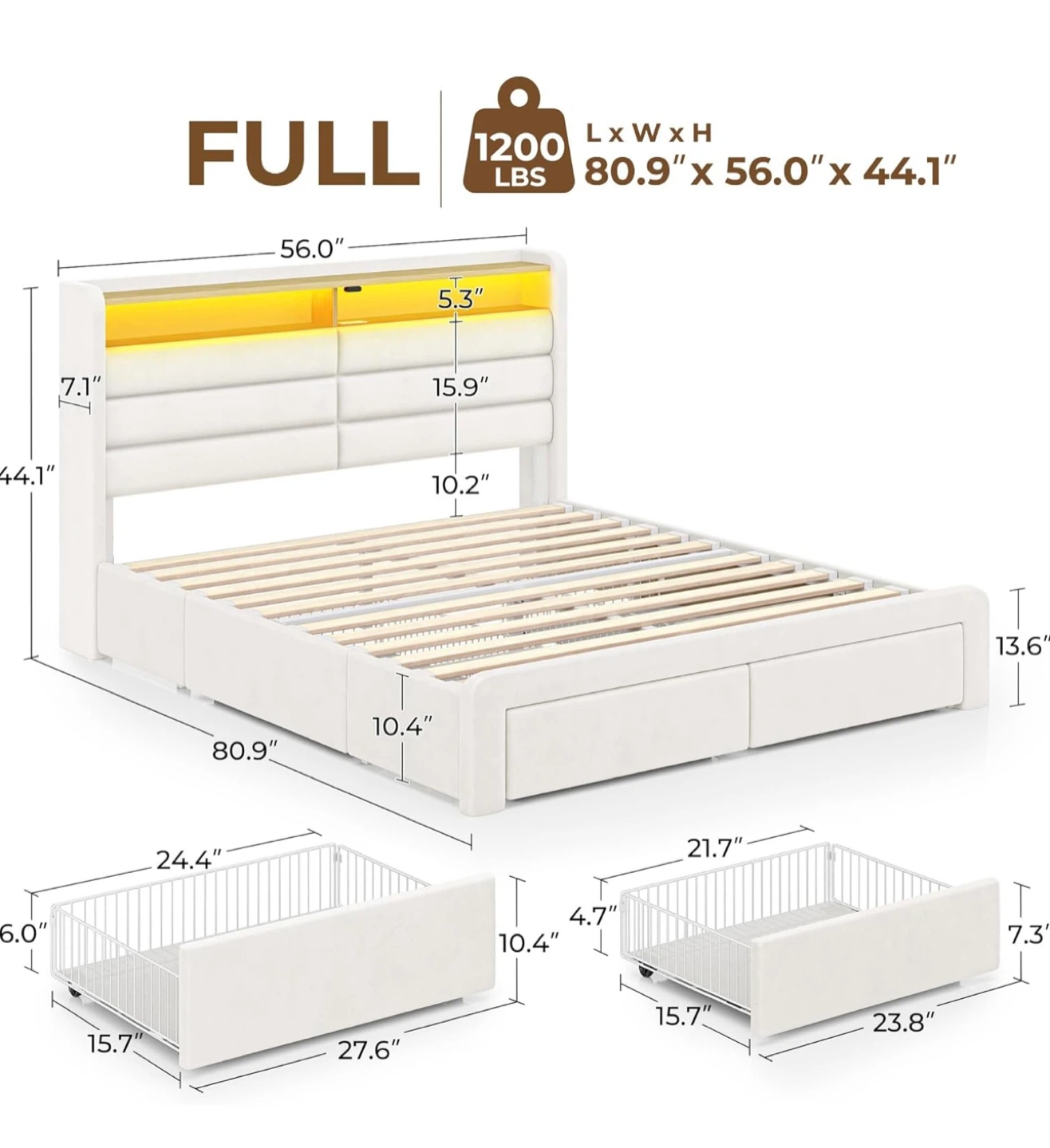 Seventable Full Bed with LED, Drawers & USB Ports - photo 3