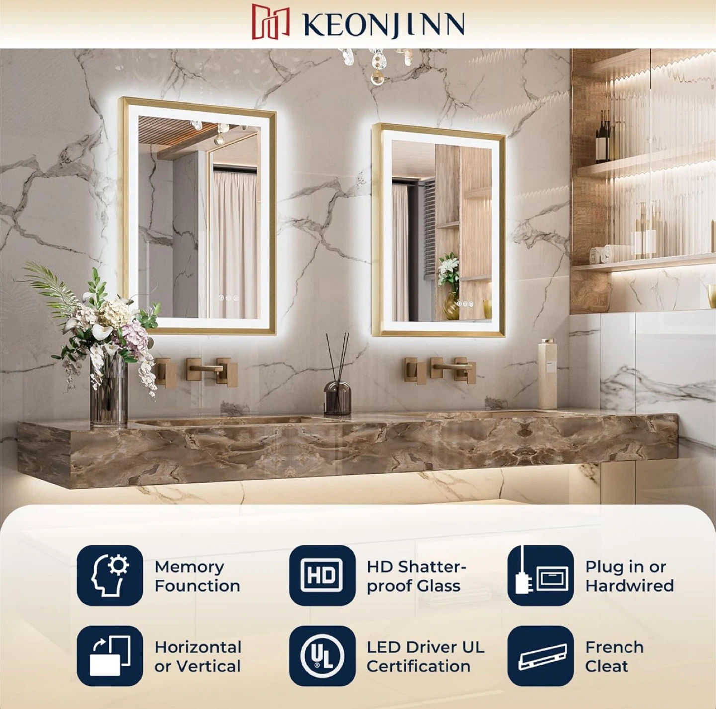 KEONJINN 36" x 24" LED Bathroom Mirror with Defogger