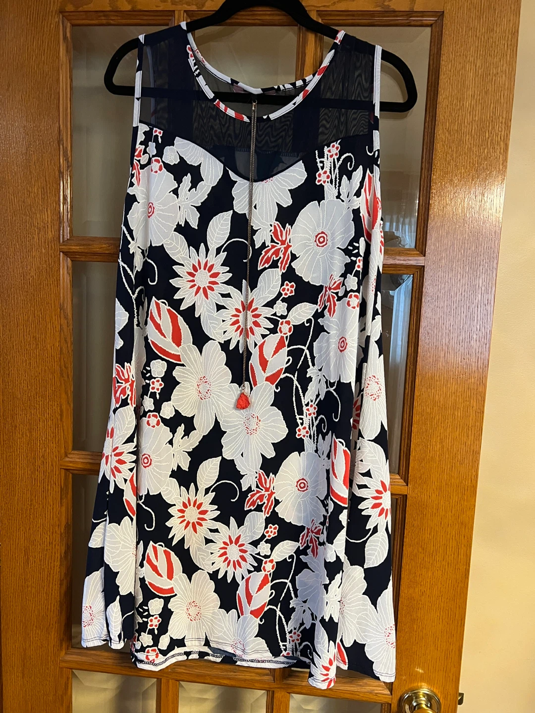 SJS Floral Print Sleeveless Dress with Mesh Yoke - Size L