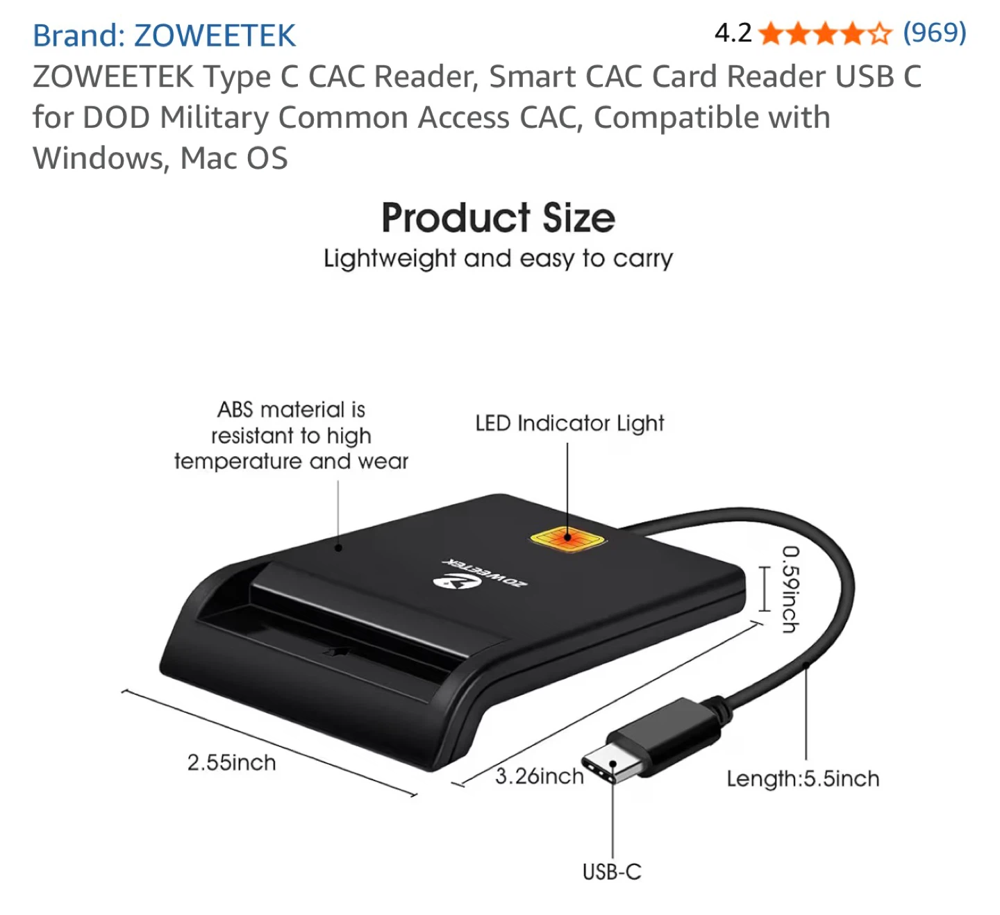 ZOWEETEK Type C Smart Card Reader