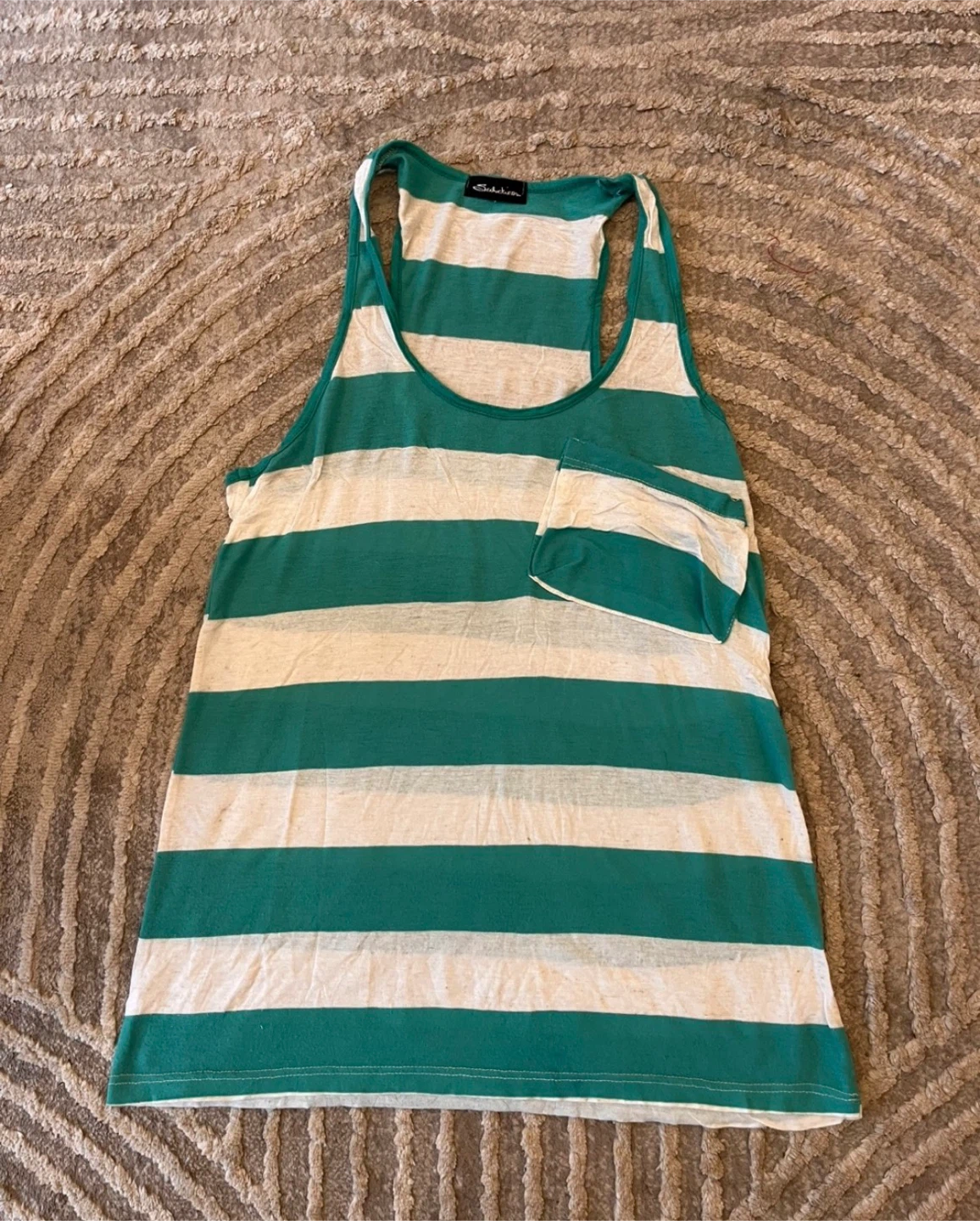 Green and White Striped Tank Top with Pocket