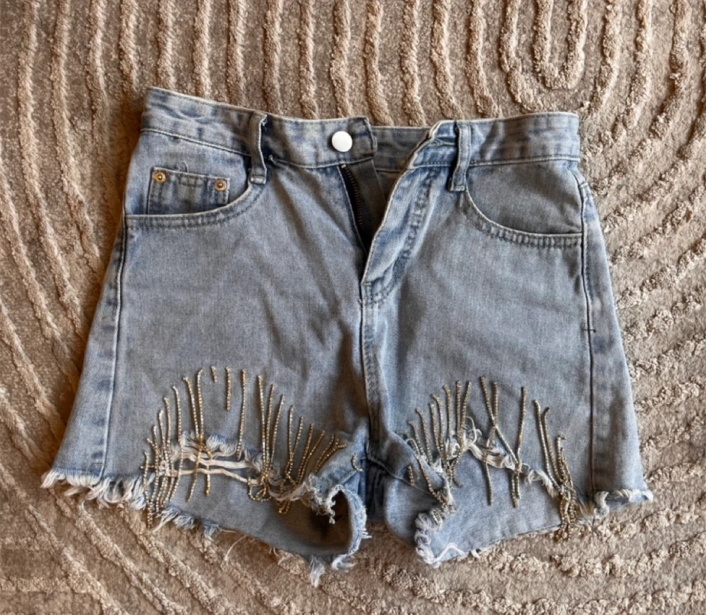 Denim Shorts W/ Rhinestone Fringe