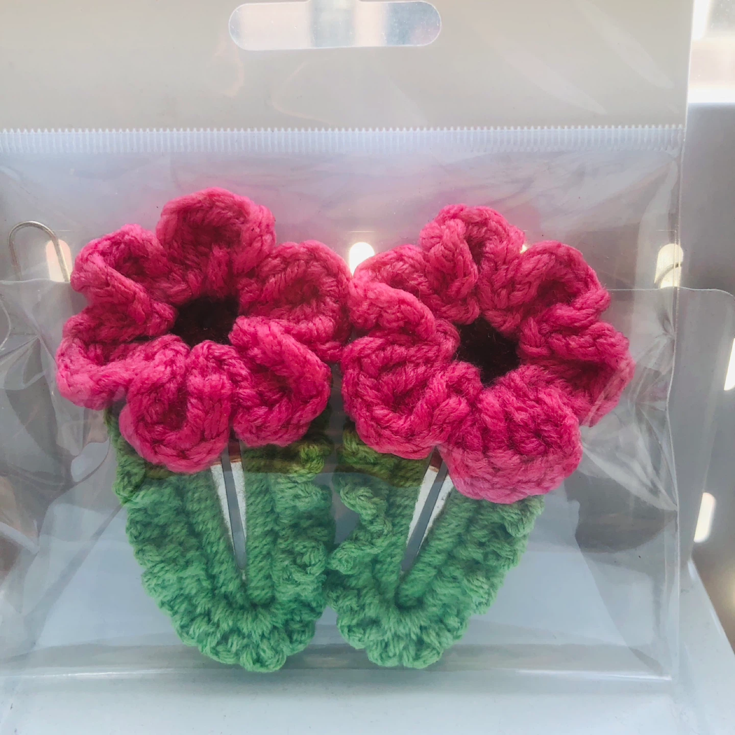 Crocheted Flower Hair Clips - Pink