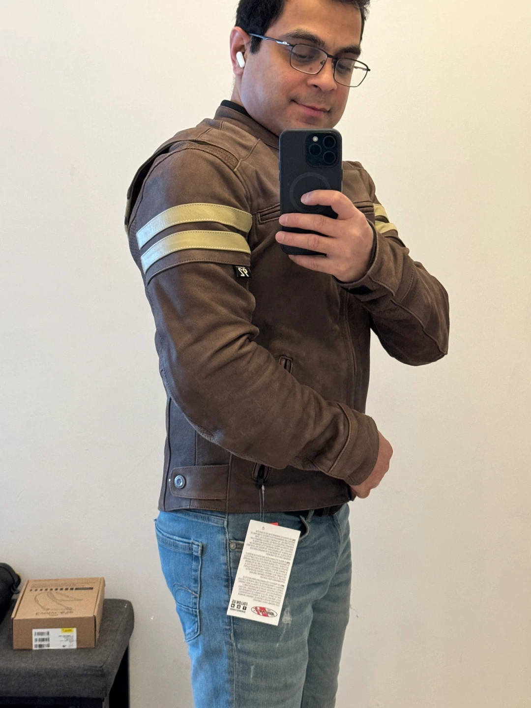Brown Leather Motorcycle Jacket with Gold Stripes