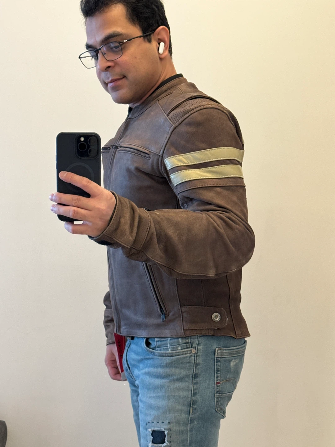 Brown Leather Motorcycle Jacket with Gold Stripes - photo 2