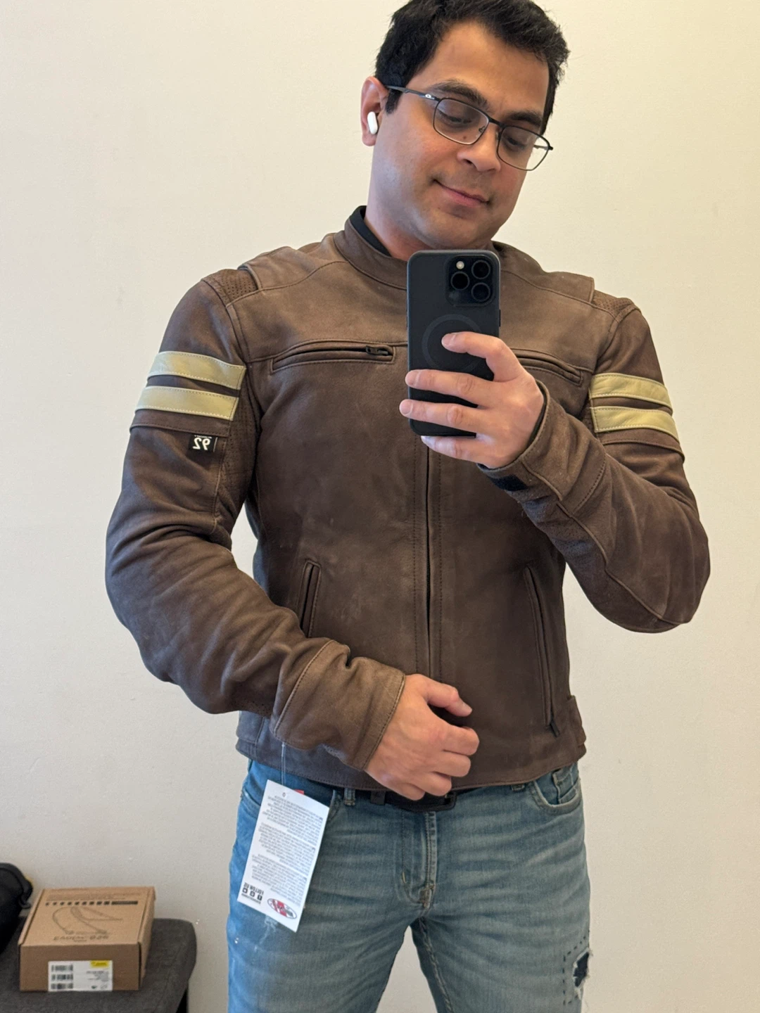 Brown Leather Motorcycle Jacket with Gold Stripes - photo 4