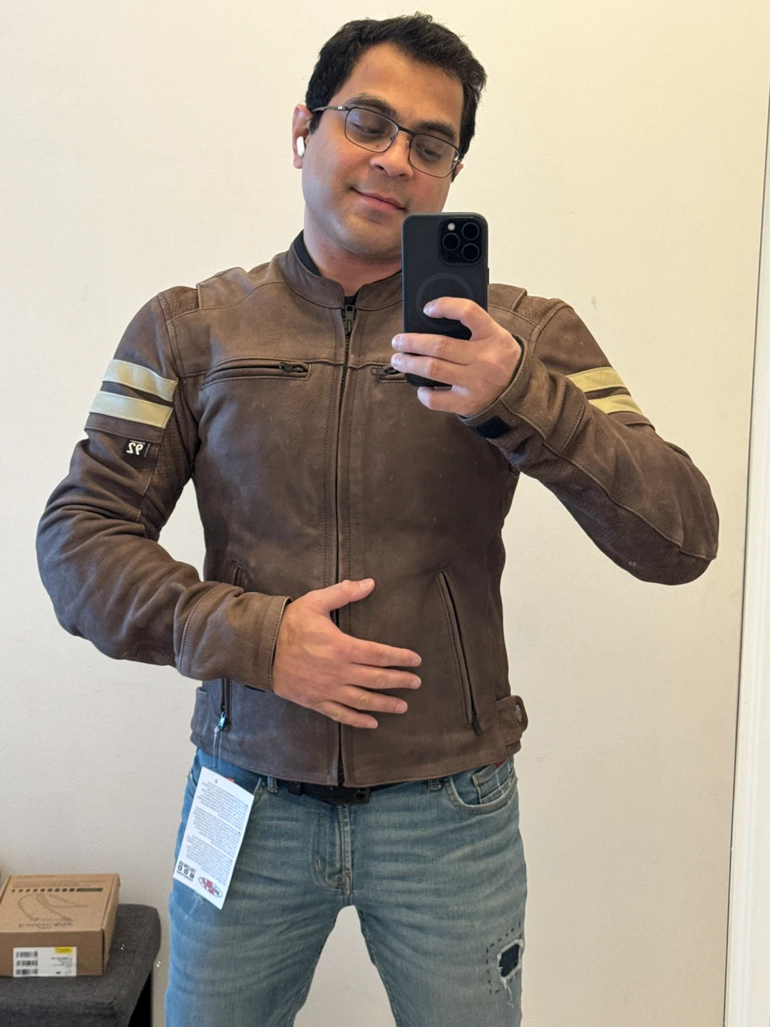 Brown Leather Motorcycle Jacket with Gold Stripes - photo 3