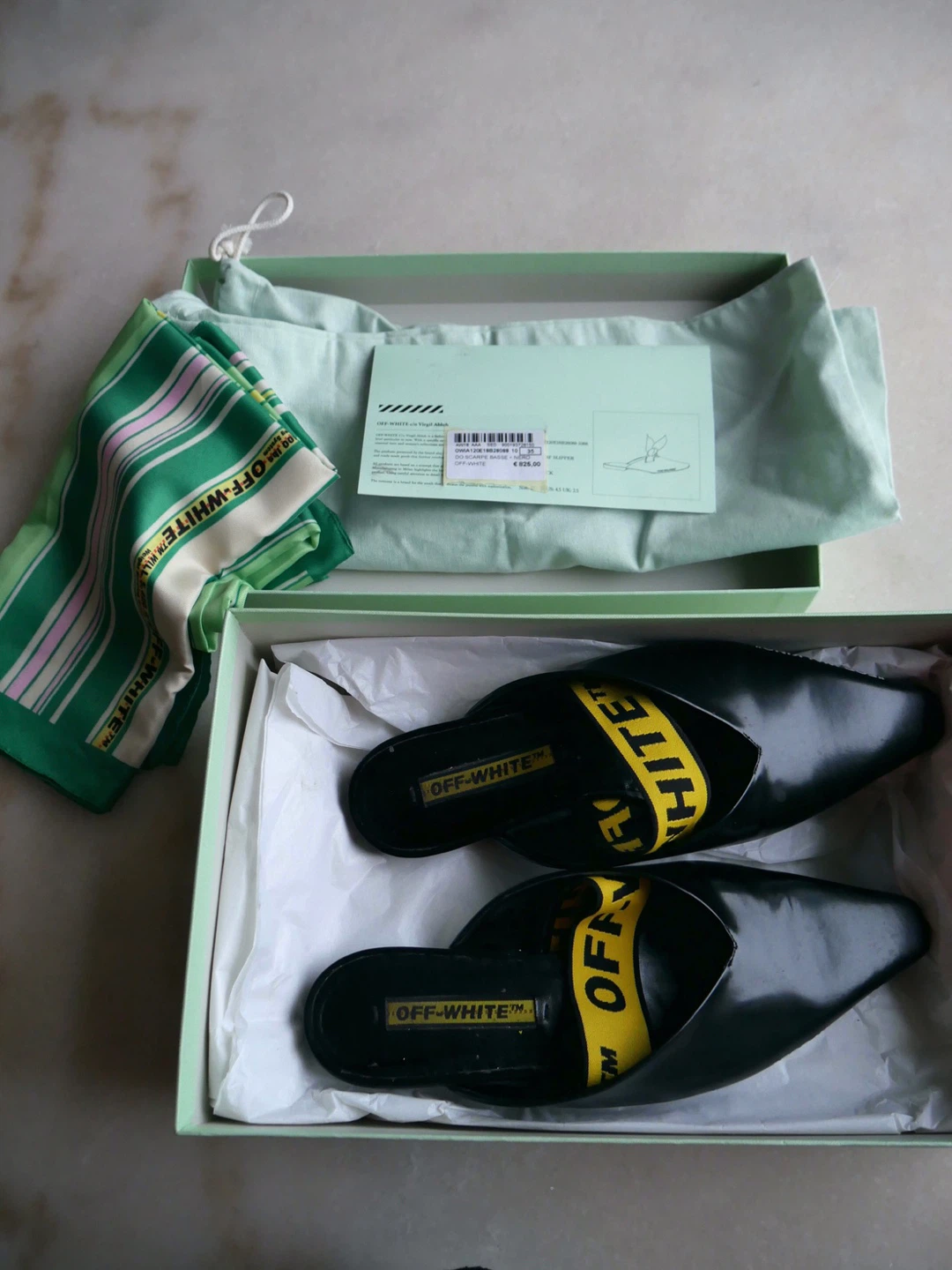 OFF-WHITE Black Pointed Toe Mules with Yellow Strap - photo 2