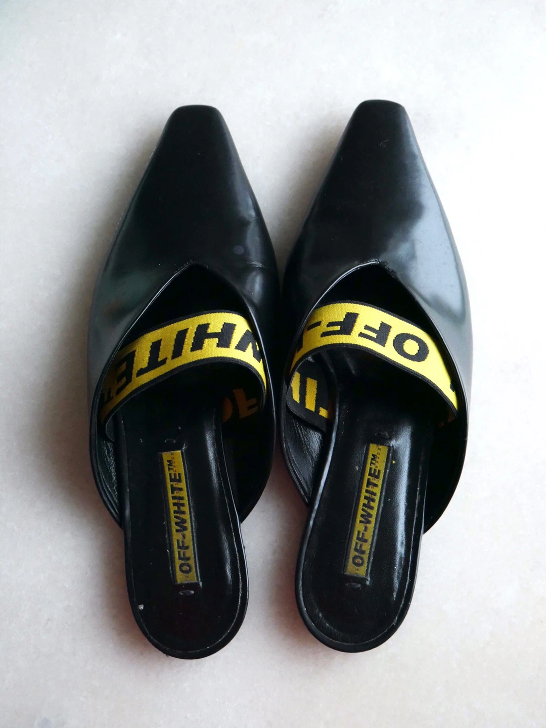 OFF-WHITE Black Pointed Toe Mules with Yellow Strap