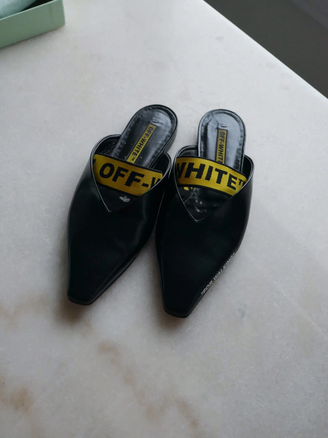 OFF-WHITE Black Pointed Toe Mules with Yellow Strap - photo 3