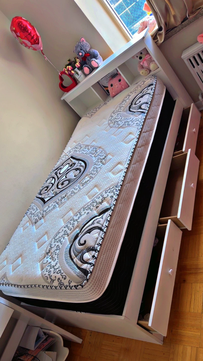 White Twin Bed Frame with Storage Headboard and Drawers