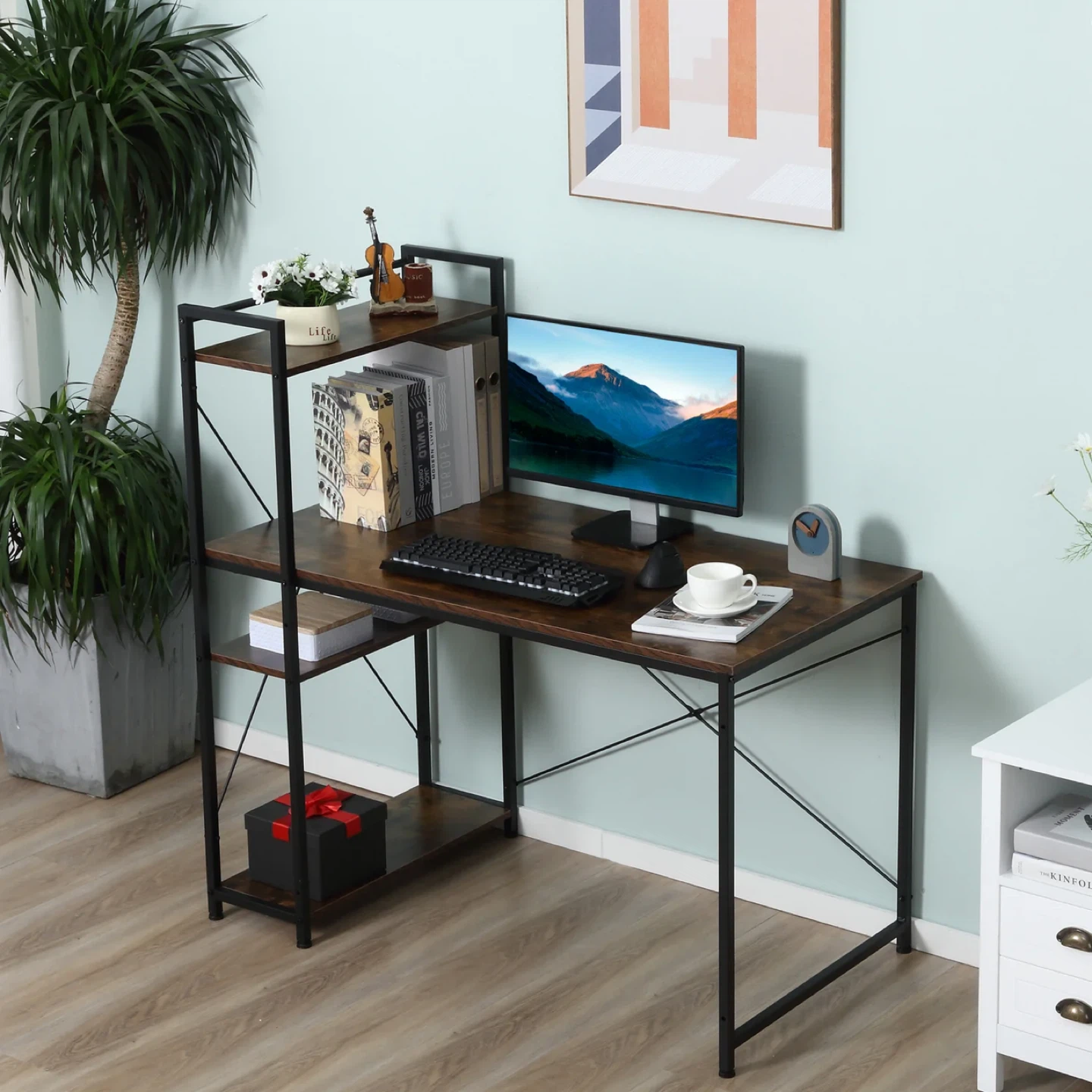 Rustic Wood Computer Desk with Shelves - photo 2