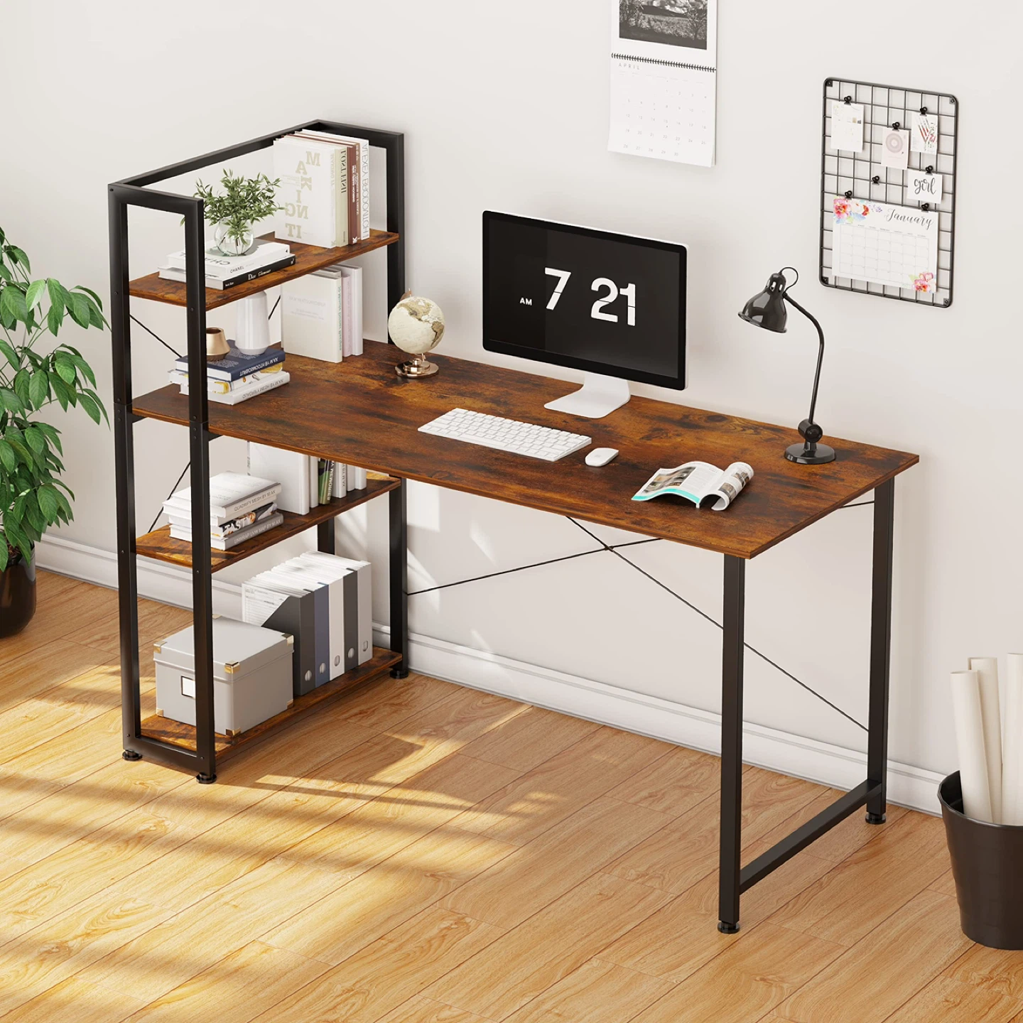 Rustic Wood Computer Desk with Shelves