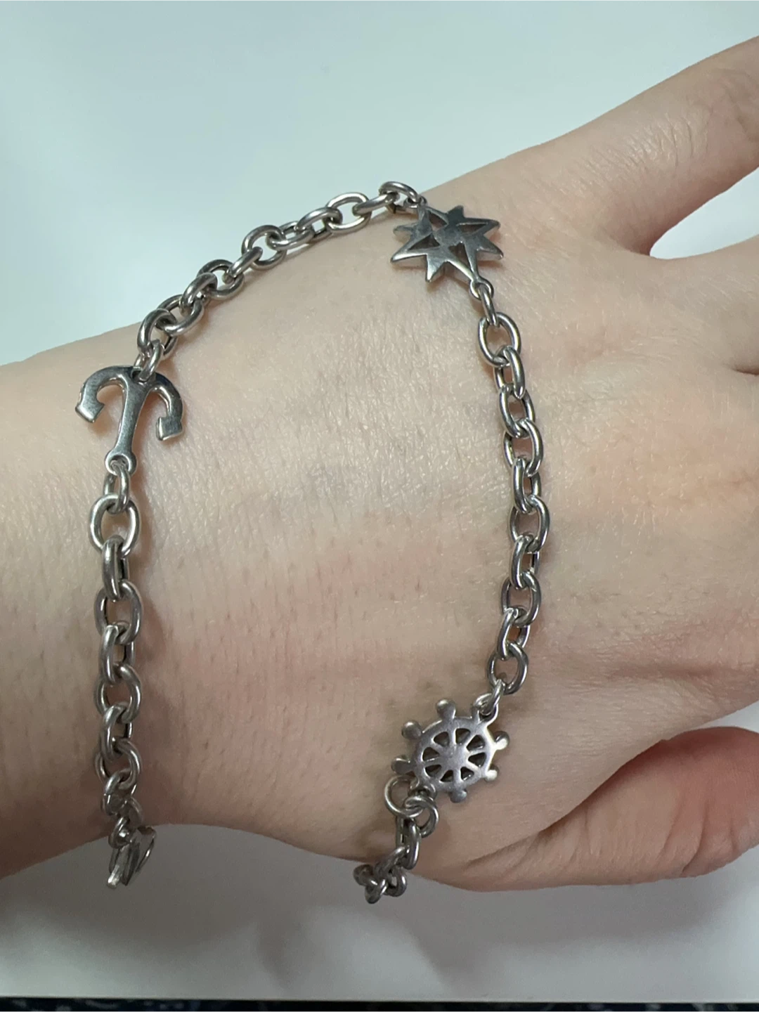 Full Silver Hallmarks Vintage Anchor Compass Charm Bracelet