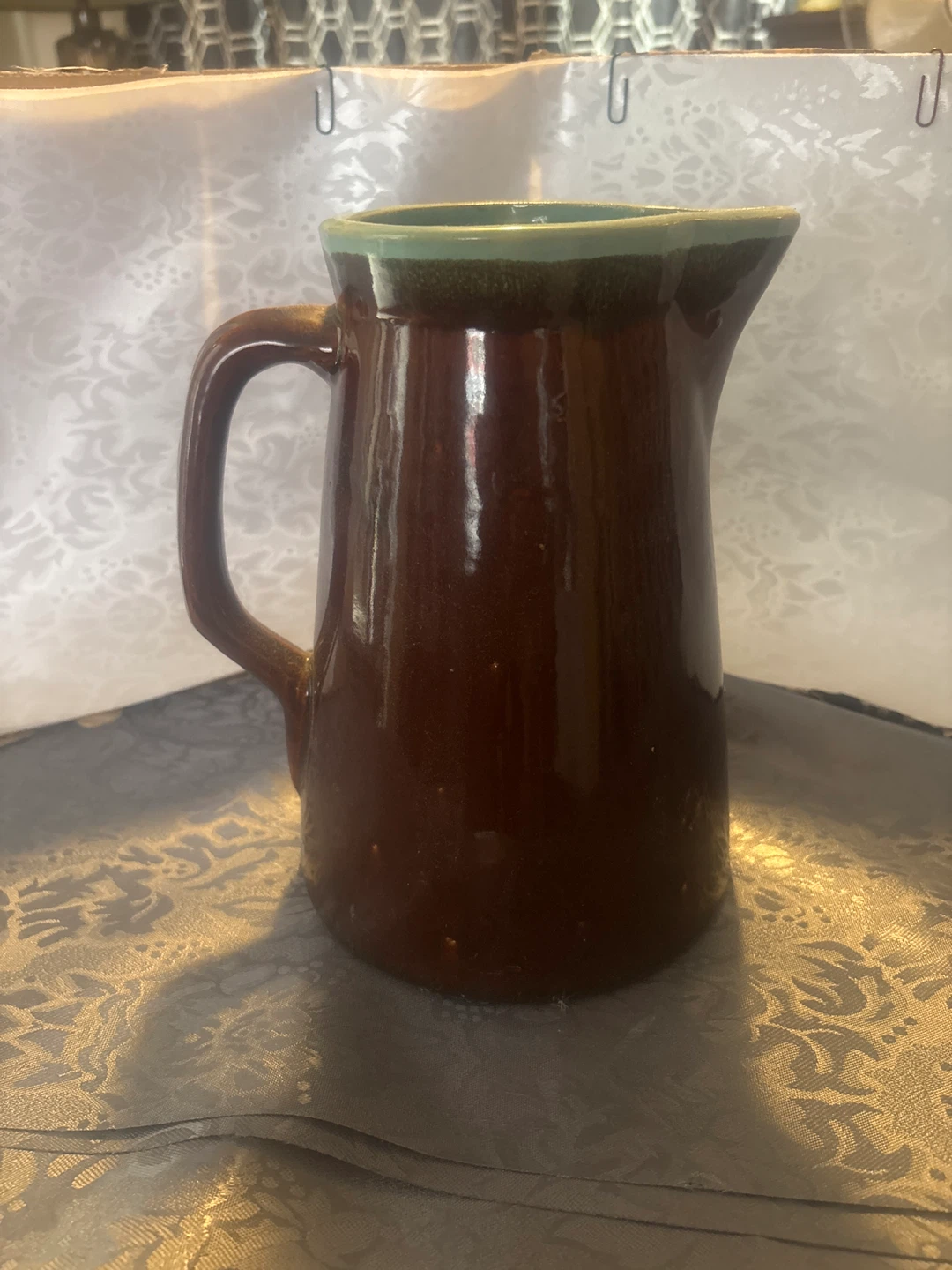 Brown Ceramic Pitcher with Green Rim - photo 2
