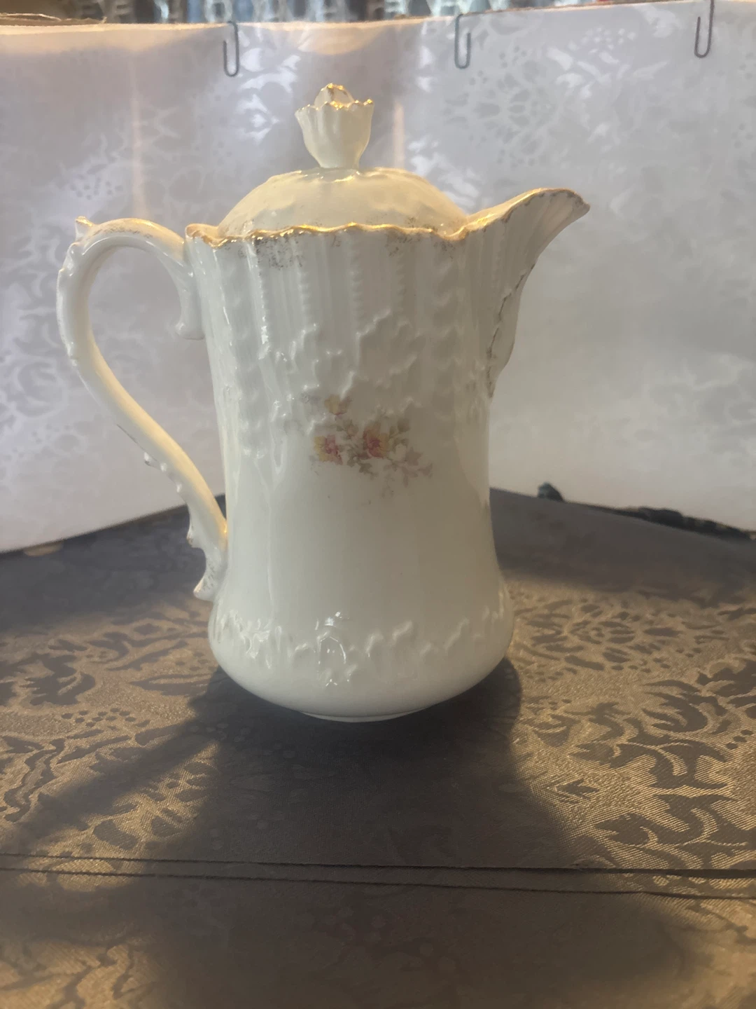 Vintage Cream Ceramic Coffee Pot Floral Design Gold Trim - photo 3
