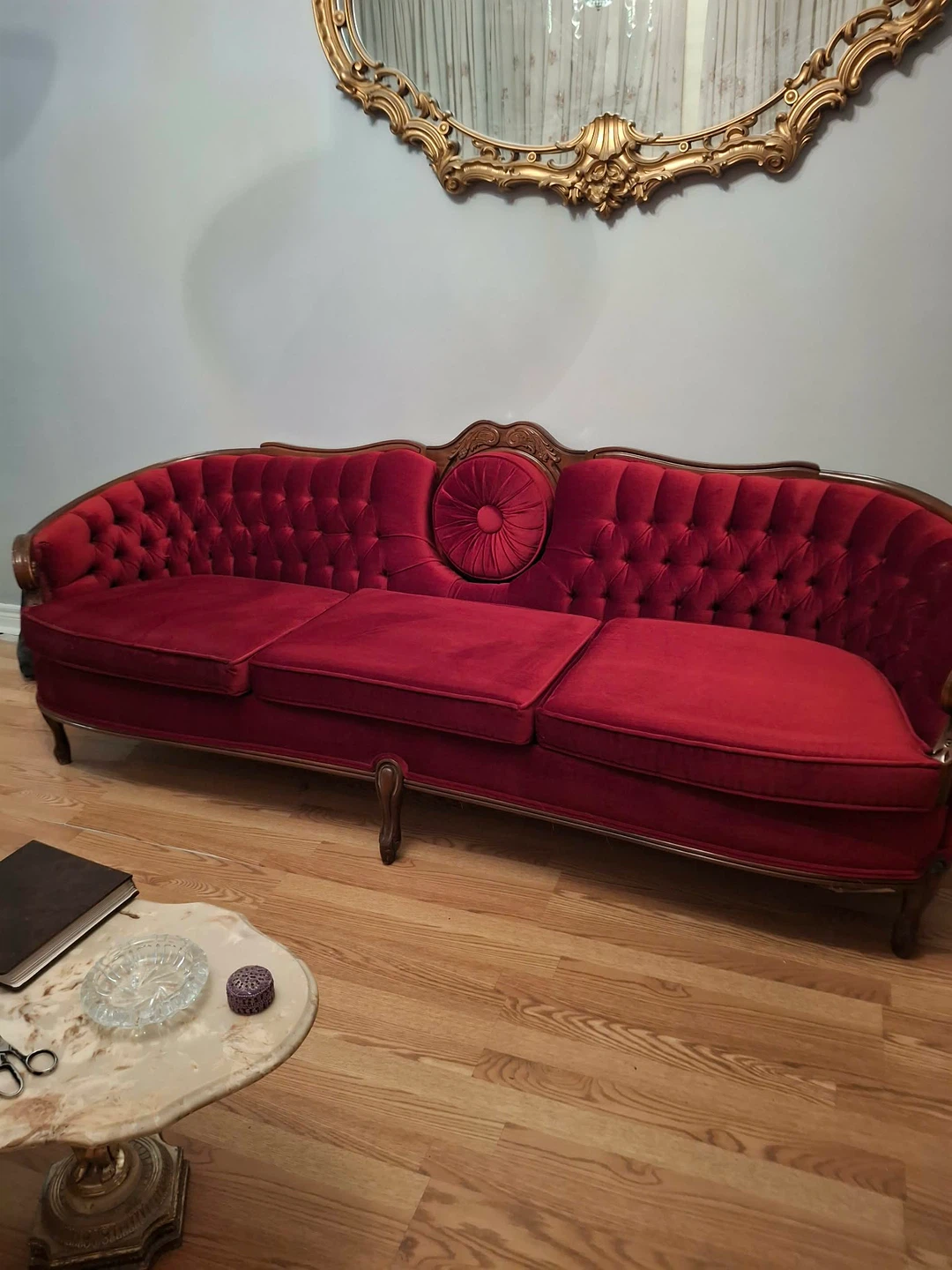 Vintage Red Velvet Tufted Sofa