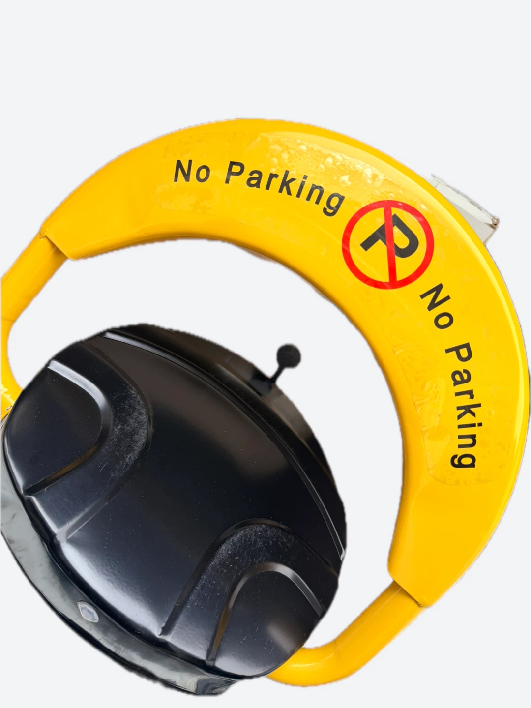 Yellow Parking Bollard Lock with "No Parking" Signage