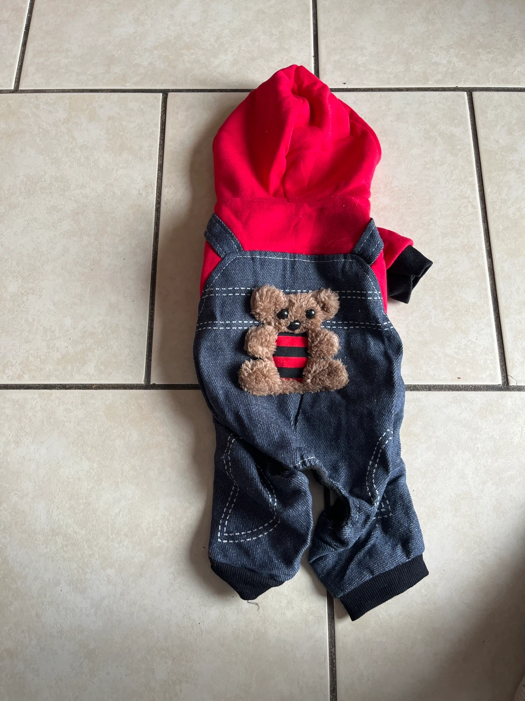 Dog Jumpsuit with Teddy Bear Applique - Red and Denim