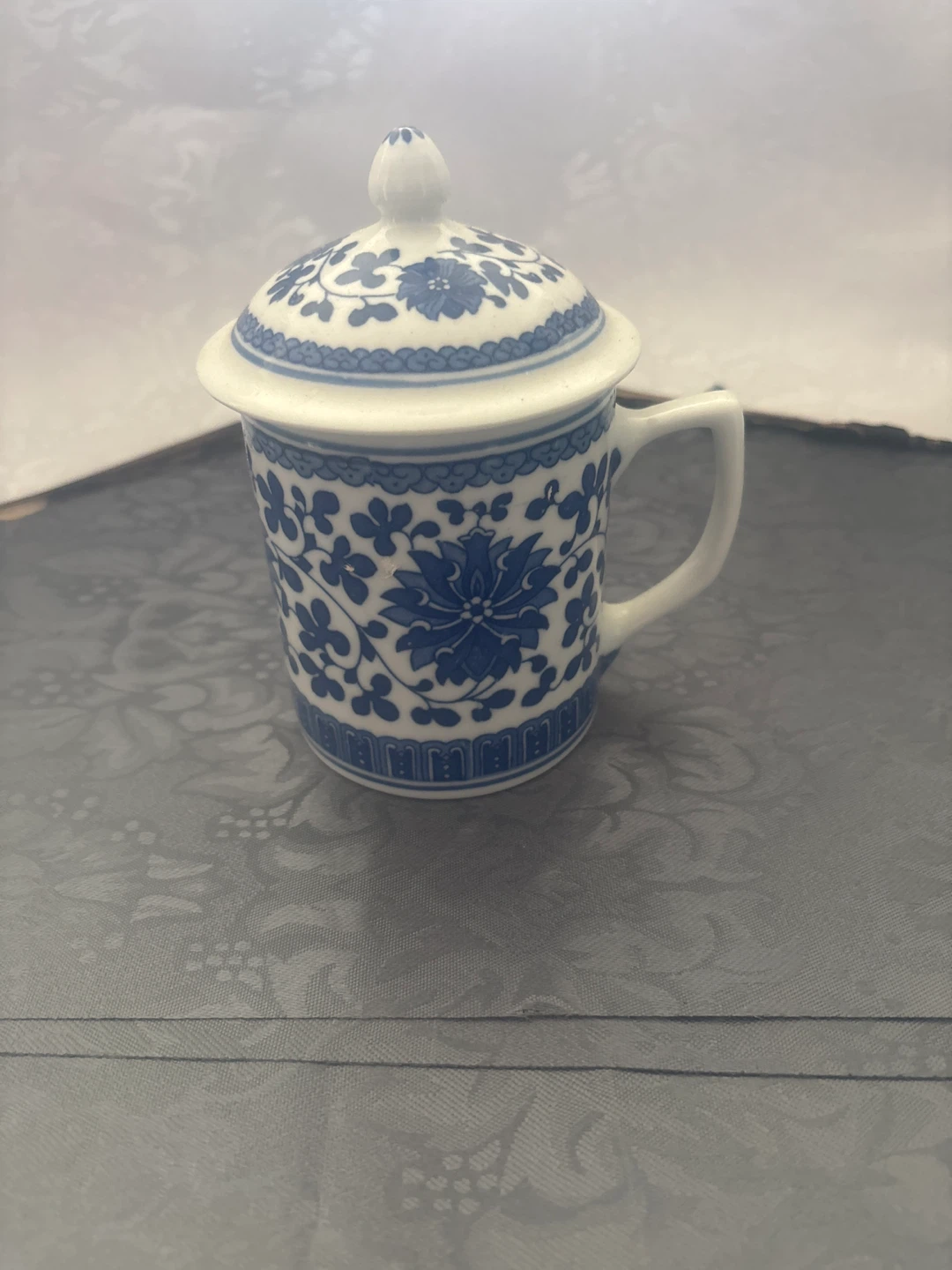 Blue and White Floral Tea Cup with Lid
