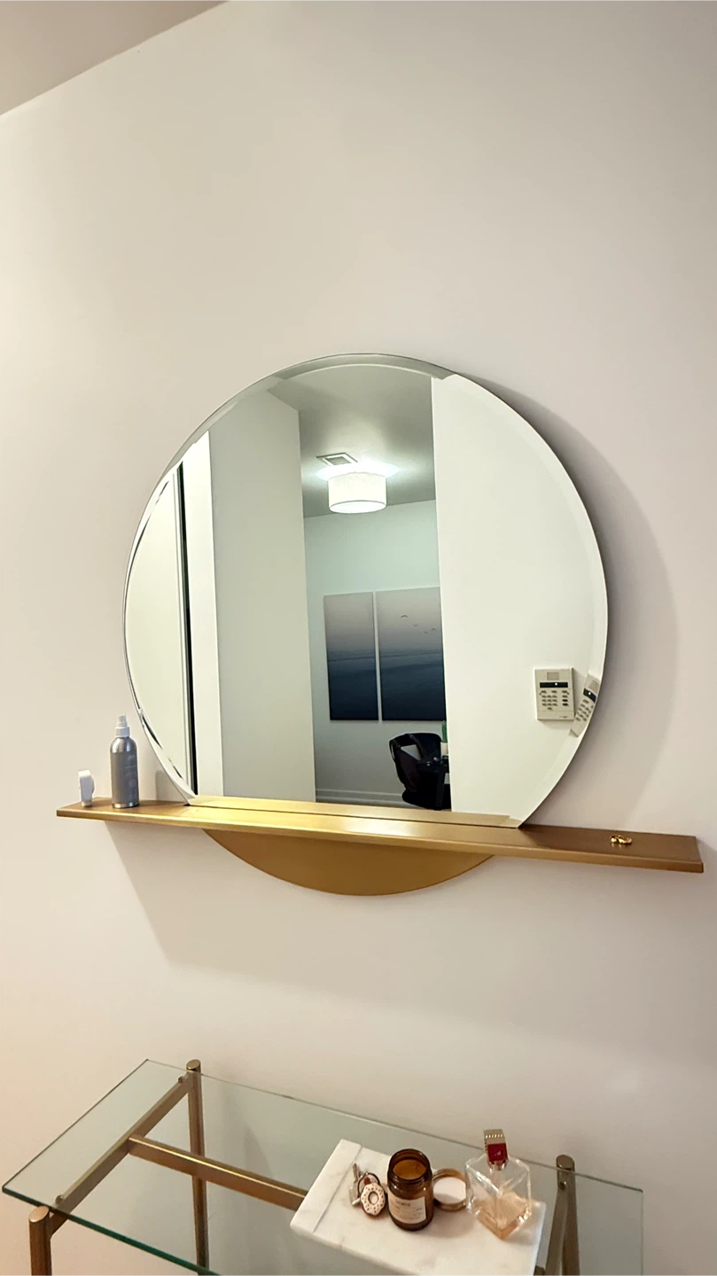 CB2 Perch Round Mirror with Shelf (36”) – Brass