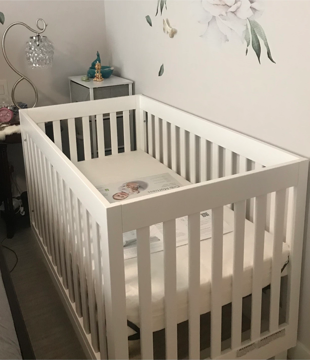 wooden 3-1 crib with Newton Crib Mattress Pad and cover