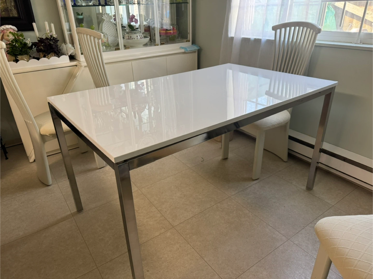 White Rectangular Dining Table with Chrome Legs