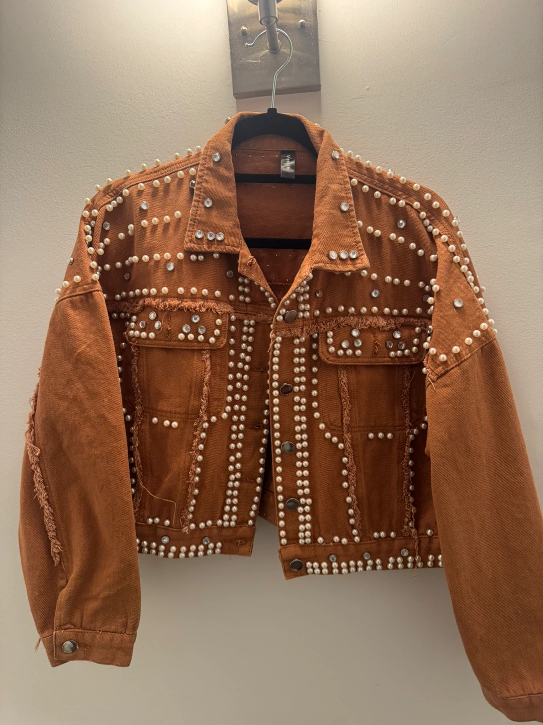 Brown Denim Jacket w/ Pearls and Rhinestone