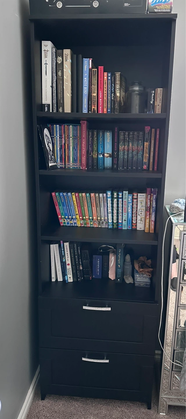 Black Bookshelf with Drawers