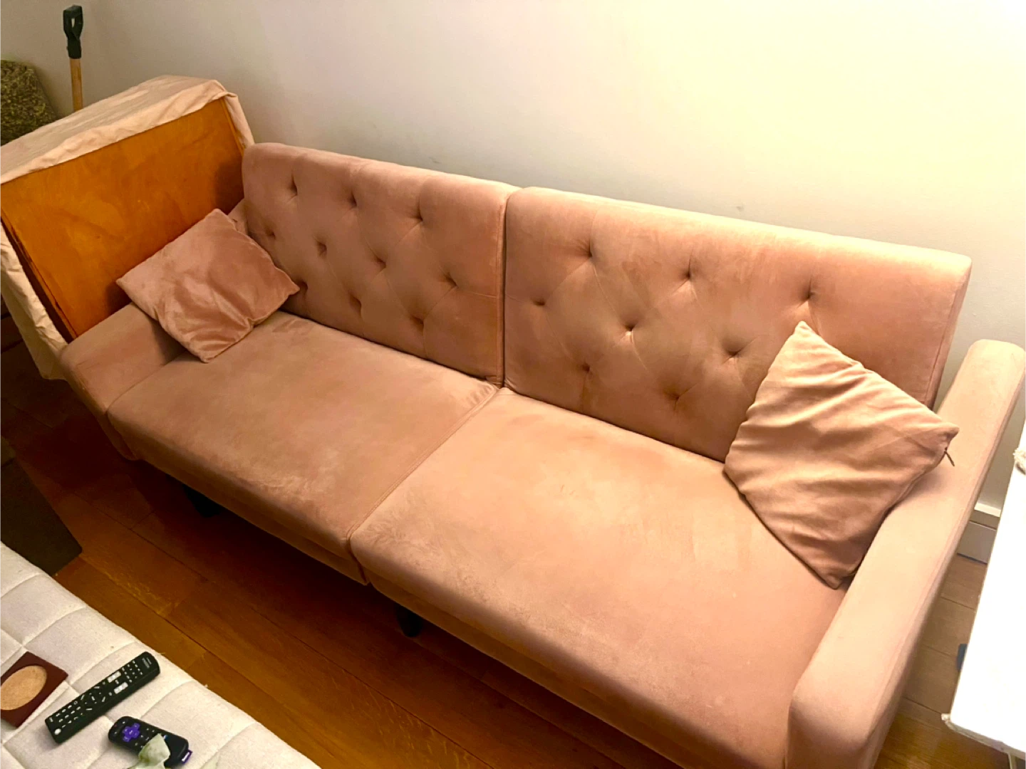Pink Velvet Tufted Sofa Bed with Pillows