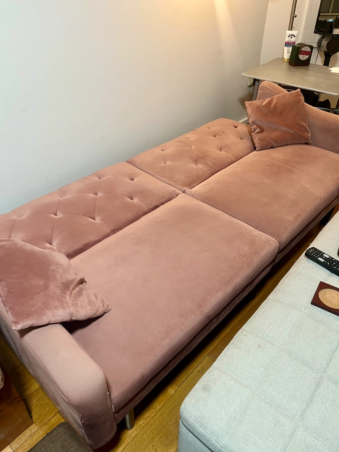 Pink Velvet Tufted Sofa Bed with Pillows - photo 4