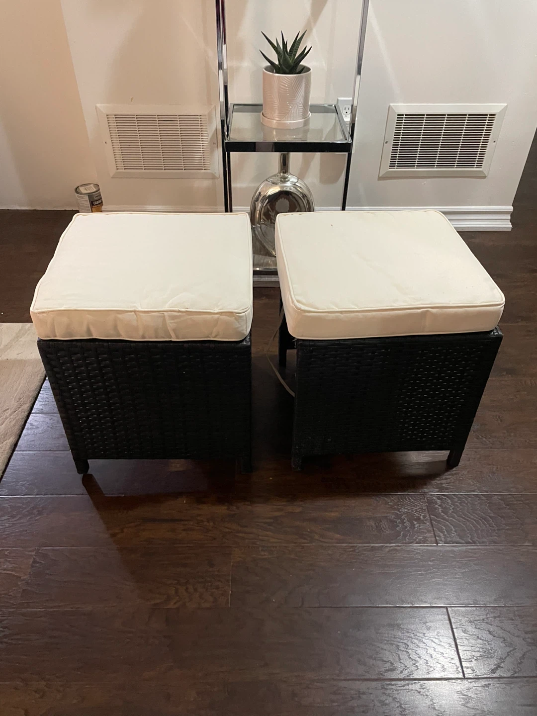 Set of 2 Wicker Ottomans with Cushions