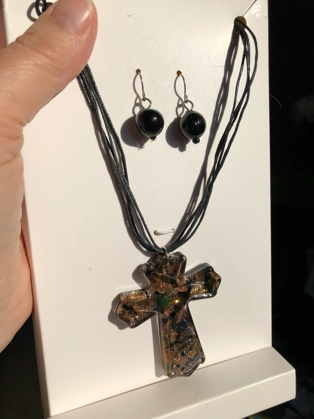 Hand Blown Glass Cross Necklace and Earring Set, never worn - photo 3
