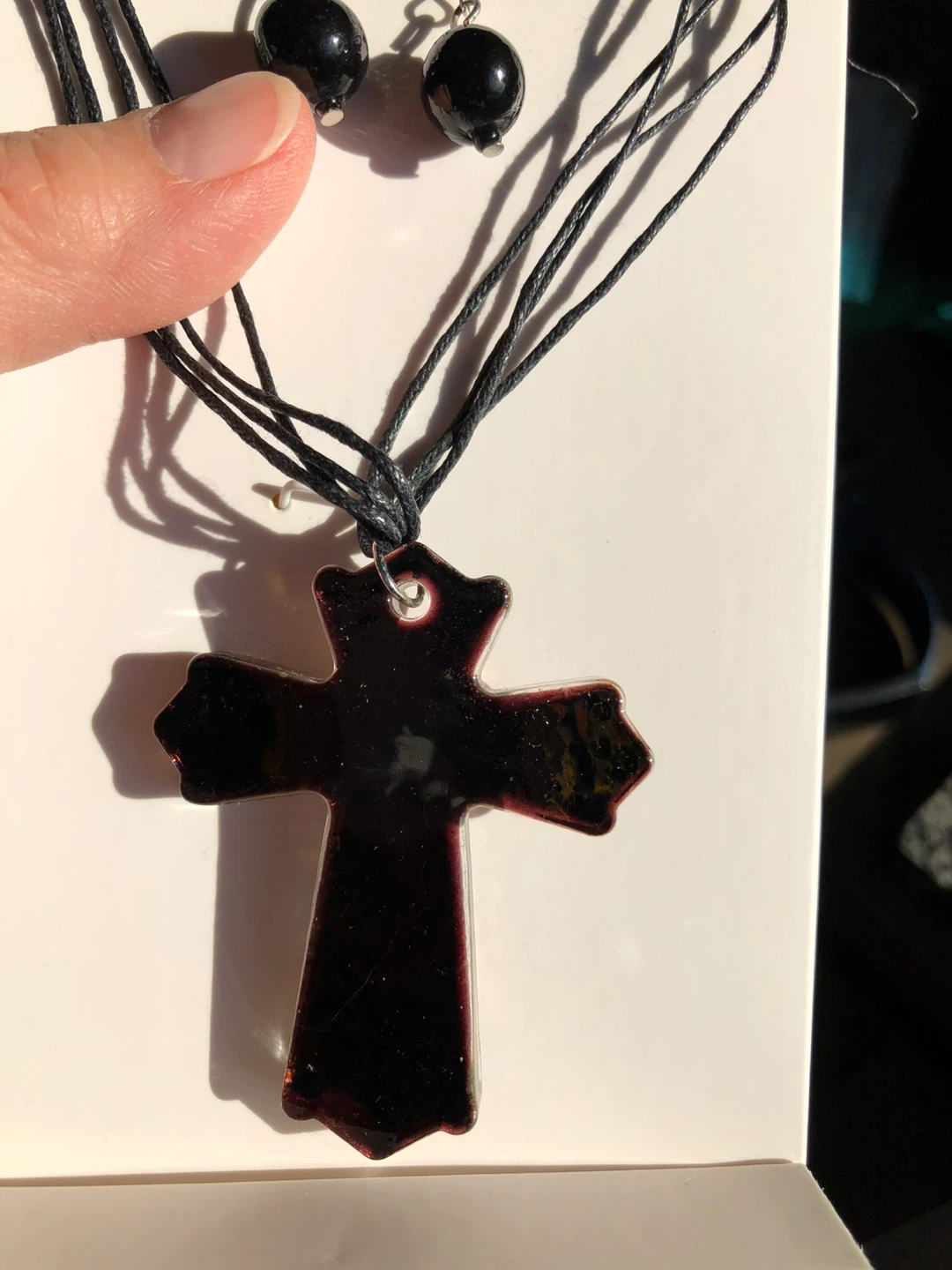 Hand Blown Glass Cross Necklace and Earring Set, never worn - photo 5
